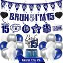 15th Birthday Decorations Banner Boys - 28 Pcs Blue Bruh I'M 15 Pre-Strung Banners Hanging Swirls Latex Balloons Sash Cake Topper Set for 15 Year Old Boy Party Decor Supplies