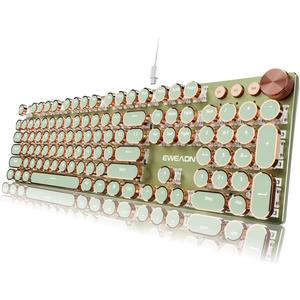 EWEADN Typewriter Style Mechanical Keyboard, Wired Typewriter Keyboards,104 Keys Backlit LED Metal Keyboards, Media Control Knob, Wired Computer Keyboard Pink Switch for Windows/Mac/PC-Green