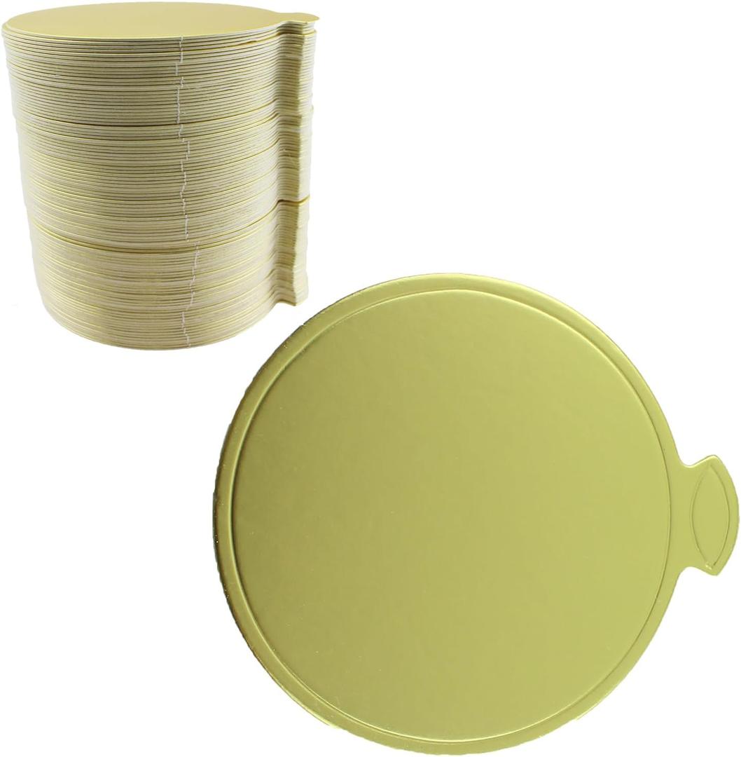 TAODAN 100PCS 3.1 Inch Gold Mini Round Cardboard Disposable Cardboard Cake Base Food Mat for Dessert Presentation