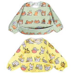 Little Dimsum Full Sleeved Feeding Bib 2 Pack,Baby & Toddler Waterproof Bib Apron,Food Protection Large Pocket Eating Smock 6-36 Months (Little Puppy/Little Cat)