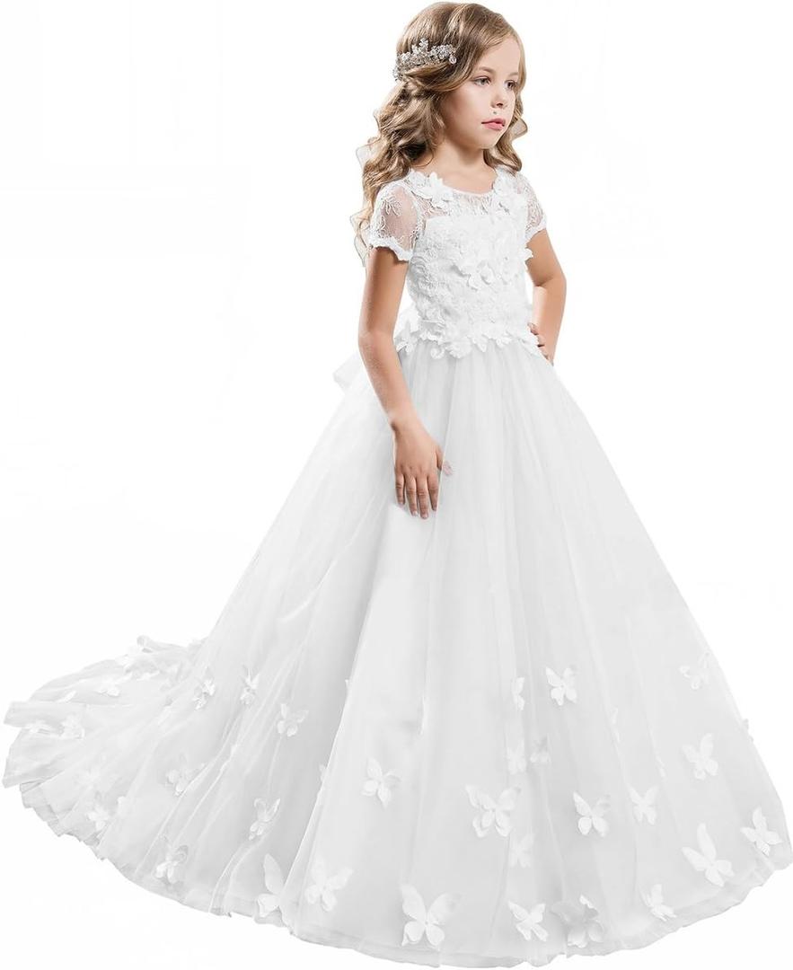 ABAO SISTER Elegant Long Lace Applique Flower Girl Dress Wedding Birthday Dress Size 12 White