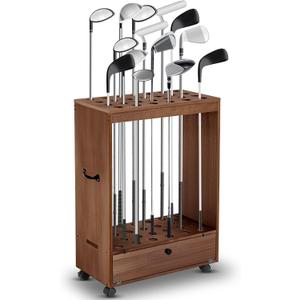 Silipull Golf Club Stand Holder Wooden Golf Club Organizer Putter Display Rack with Storage Drawer and Wheel for Indoor Home Office Simulator Garage, 31" H X 23.5" L X 11.6" W