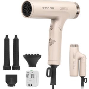 TOME Dual Voltage Travel Hair Dryer, Foldable Blow Dryer, DC Motor, 1200W Fast Drying, Cool Shot, 3 Heat 3 Speed, Nozzle, Diffuser, Air-Powered Wrap Wands, 120240V Universal Adapter Pink