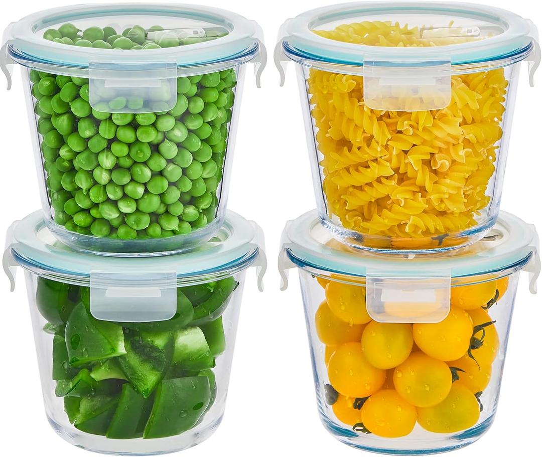 8 PCS Glass Meal Prep Containers with Lids, Airtight 3 Cup Glass Storage Containers Set, Round Deep Soup Containers with Lids for Leftover, Microwave, Dishwasher, and Freezer Safe(4 Sets) (Blue)