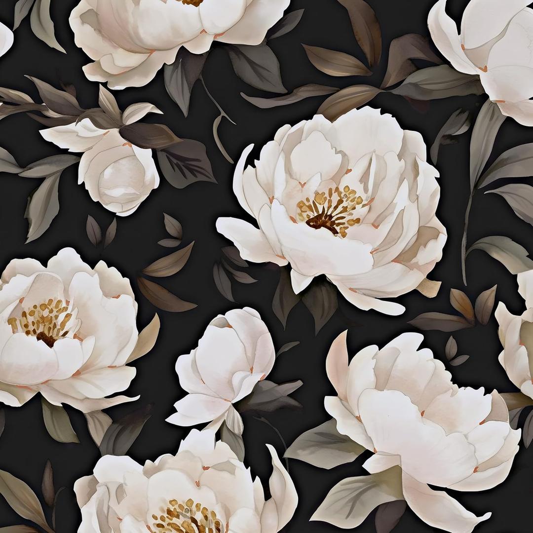 Floral Wallpaper Peel and Stick, Black/Beige Contact Paper Large Peony Flowers 17.5" x 393.7", Vintage Wall Paper Mural Self Adhesive Removable Waterproof for Room Bedroom Shelves Cabinet Drawer Table