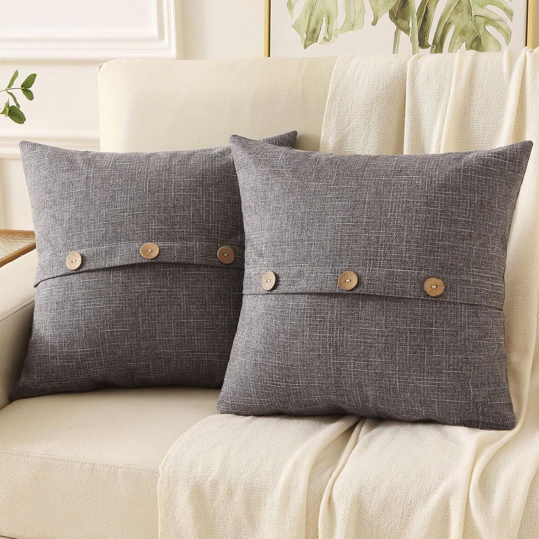 HAUSSY Dark Grey Linen Decorative Throw Pillow Covers 14x14 Inch Set of 2,Square Cushion Case with 3 Vintage Buttons,Modern Farmhouse Home Decor for Couch,Bed (14" x 14" (Pack of 2), Dark Grey)