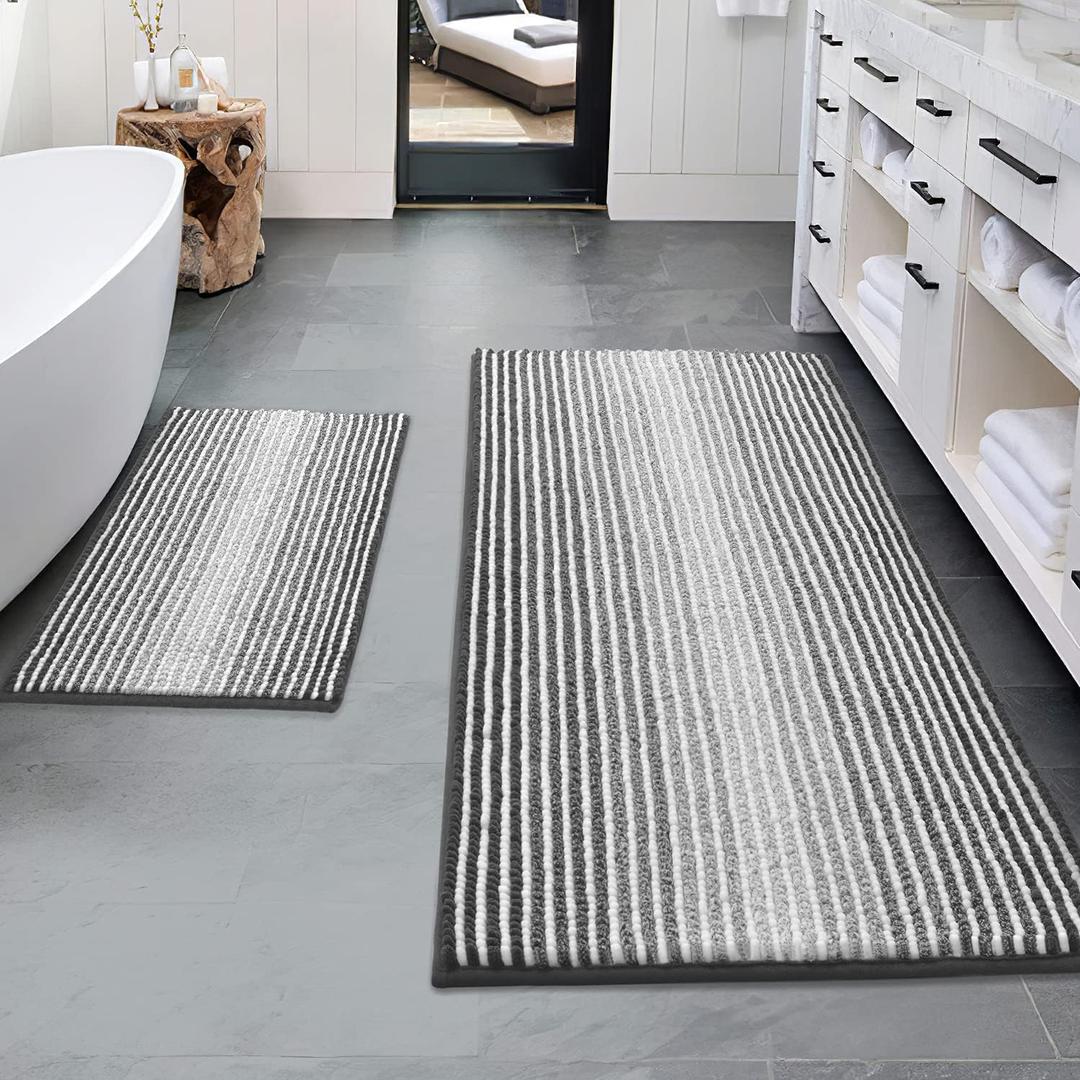BSICPRO Bathroom Rugs and Mats Sets, 2 Piece Thick Absorbent Chenille Non Slip, Soft Shaggy Floor Mats, Machine Washable (20" x 47" Plus 16" x 24", Gray) (Grey)