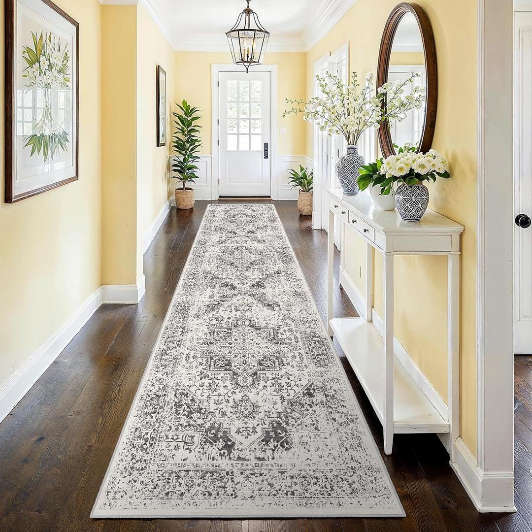 Washable 2'6''x12' Runner Rug - Non-Slip Vintage Runner Rug for Entryway Low-Pile Medallion Long Rugs for Hallway Waterproof Traditional Runner Rugs Indoor Thin Rug for Kitchen Grey