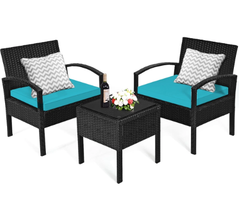 Patiojoy 3PCS Patio Rattan Furniture Set Conversation Sofa Cushioned Turquoise