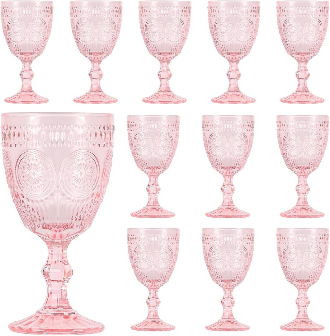 Pink Glass Goblets Wine Glassware, 10 oz Vintage Wine Glasses Set of 12, Romantic Wedding Glass Set, Embossed Drinking Stemware Beverage Cups for Wedding Engagement Christmas Party Bar, standard
