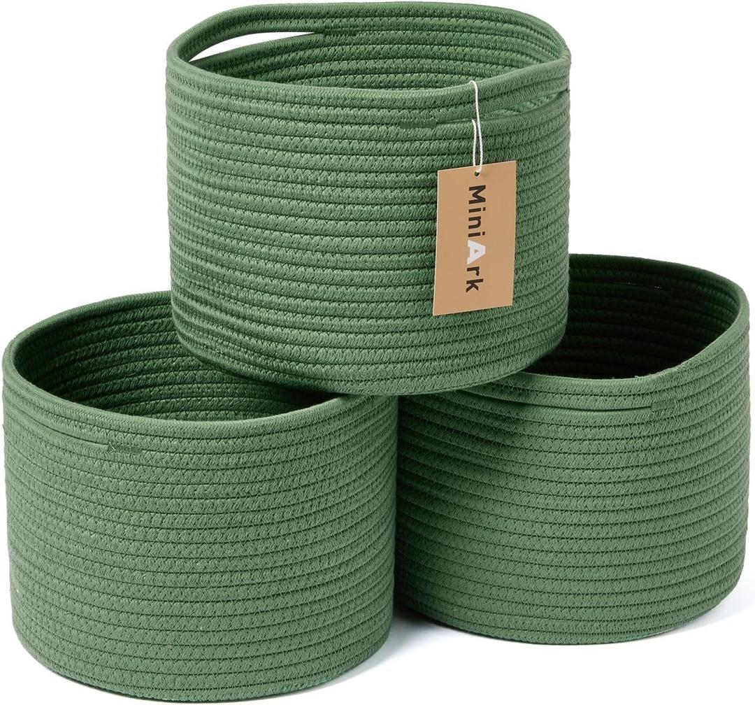 MiniArk Small Basket for Organizing | Cube Shelf Closet Storage Baskets | 9.79.77.1 | Woven Rope Gift Basket | Nursery | Round 3 Packs Green