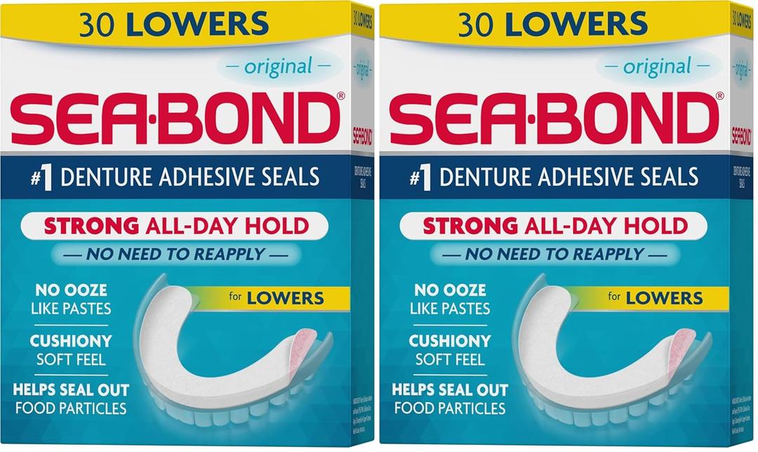 Sea Bond Secure Denture Adhesive Seals, Original Lowers, Zinc-Free, All-Day-Hold, Mess-Free, 30 Count (Pack of 2, White)