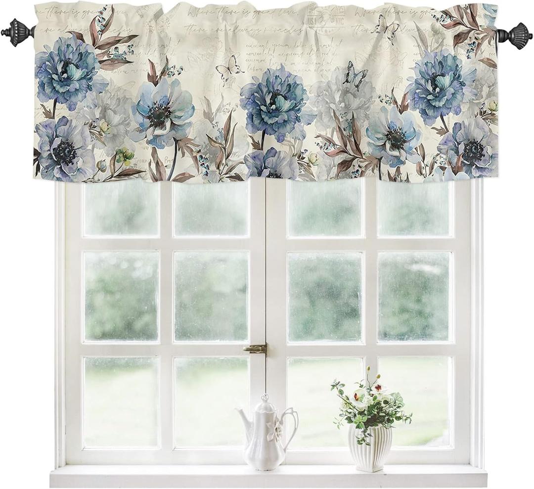 Kitchen Curtains Valances, Flower Butterfly Dragonfly Vintage Blue Floral Spring Summer Short Rod Pocket Valances for Windows for Bedroom, Bathroom, 1 Panel, 42" W x 12" L (42"W x 12"L (Pack of 1), Floweryku2417)