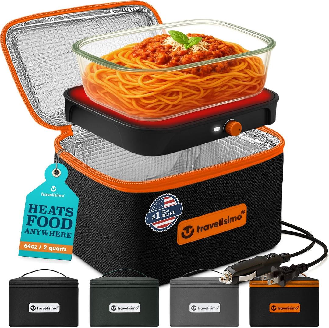 TRAVELISIMO Portable Microwave, Portable Food Warmer For Work & Home Use, Heated Lunch Box 12V/24V/110V, Mini Portable Oven 3-in-1 Food Heater, Electric Lunch Box, Calentador de Comida Portatil