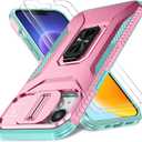 Case for iPhone 13/iPhone 14 6.1-Inch Slide Camera Cover+Screen Protector(2 Packs), Military Grade Shockproof Protective Cover, Rotated Ring Kickstand with Camera Protection (Pink+Celadon)