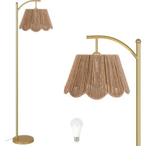 Arc Floor Lamp for Living Room with Remote ControlRattan Boho Floor Lamp with Hand-Woven Wicker Shade, Foot Switch, Gold/Silvery Metal Base & Pole,Standing Lamp for Bedroom (Gold&Paper Rope)