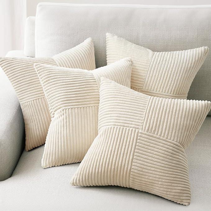 Beige Throw Pillow Covers Set of 4,Boho Pillow Covers Soft and Cozy Velvet Double-Sided Designs,Mix and Match for Couch Boho Farmhouse Fall Home Decor 18x18 Inch