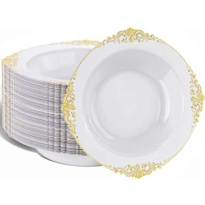 Nervure 50 Pack White Plastic Bowls with Gold Rim - 12oz Disposable Soup Bowls - Heavy Duty Dessert Bowl, Salad Bowl Perfect for Weddings, Parties, Thanksgiving and Everyday Use (8.2inch)