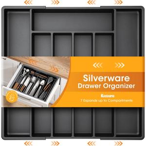 Kitsure Silverware Organizer for Drawers - Expandable Cutlery and Utensil Drawer Organizer with Easy Maintenance, Premium PP Kitchen Organizers and Storage for Flatware, Black, 13.2" x 12.2" x 1.6"