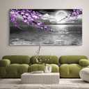 Large Purple Wall Art Decor for Living Room Bedroom Framed Black and White Seascape Full Moon Purple Flower Painting Canvas Picture Modern Hand-Painted Plum Blossom Artwork for Home Office, 58L" x 29W"
