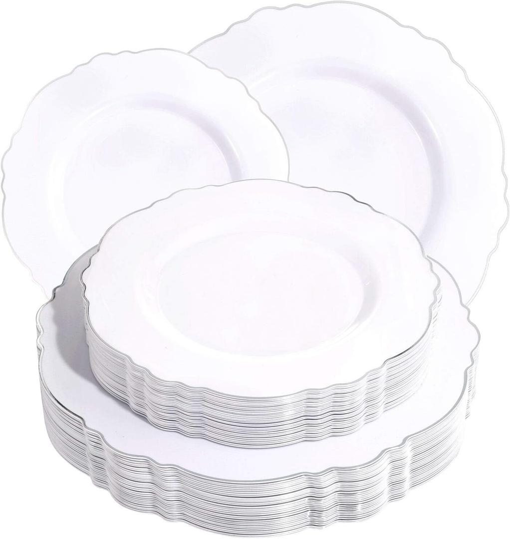 WDF 60pcs Silver Plastic Plates-Baroque White &Silver Plates for Upscale Parties &Wedding-including 30Plastic Dinner Plate 10.25inch, 30 Salad Plate 7.5inch for Valentine's Day
