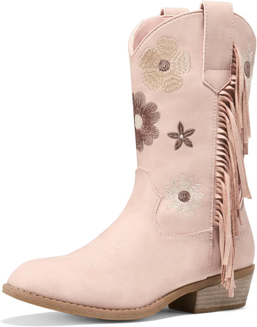 Rollda Girls Cowboy Boots, Cowgirl Boots with Tassel, Floral Embroidered Kids Western Boots for Toddler/Little Kid/Big Kid (Pink), Size: 10 Toddler