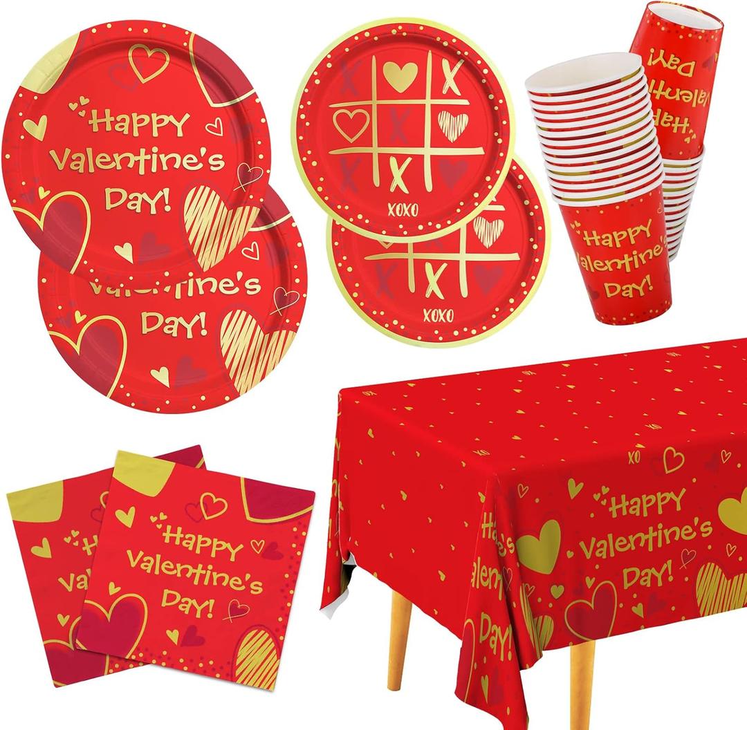 Valentine's Day Party Supplies Red Heart Love Disposable Paper Plates Napkins Cups plastic Tablecloth for Valentine's Day, Engagements, Anniversary, Birthday Party Serve 25