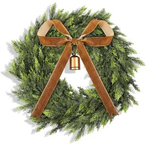 Dingion 20" Real Touch Christmas Cedar Wreath Artificial Cedar Wreaths for Front Door Winter Faux Green Fake Pine Cypress Wreath with Vintage Bow for Window Outdoor Indoor Wall Home Xmas Holiday Decor (Brown)