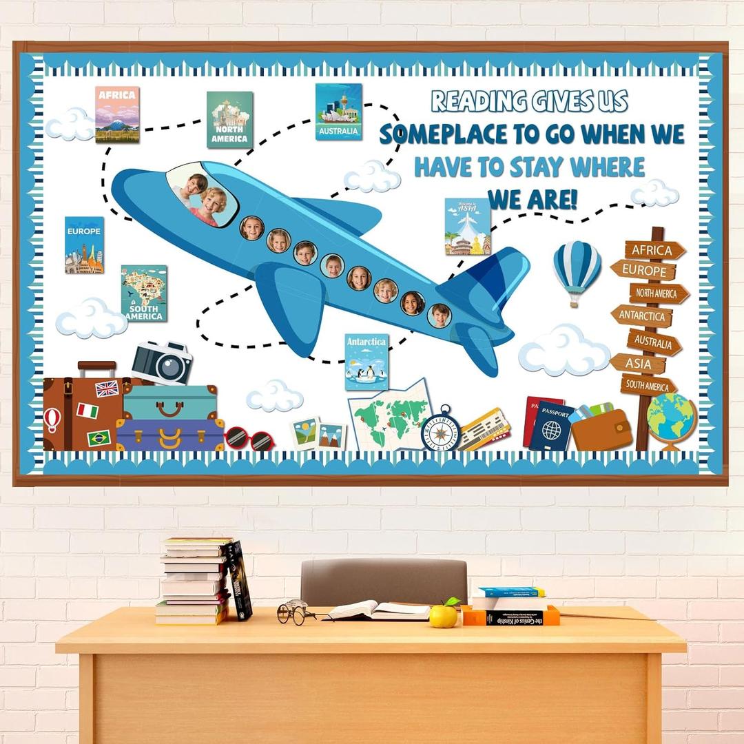 Funrous Reading Travel Bulletin Board Set Back to School Airplane Classroom Decorations World Adventure Travel Paper Cutouts DIY Photo Crafts for Teacher Students First Day of School Supplies