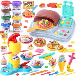 2 in 1 Color Dough Sets for Kids Ages 2-4-8, Kitchen Creations Ice Cream Pizza Maker Machine, Art Crafts Play Food Toys for 3 Year Old Girls Boys and Up, 8 Cans of Modeling Compound Dough,2 oz Cans
