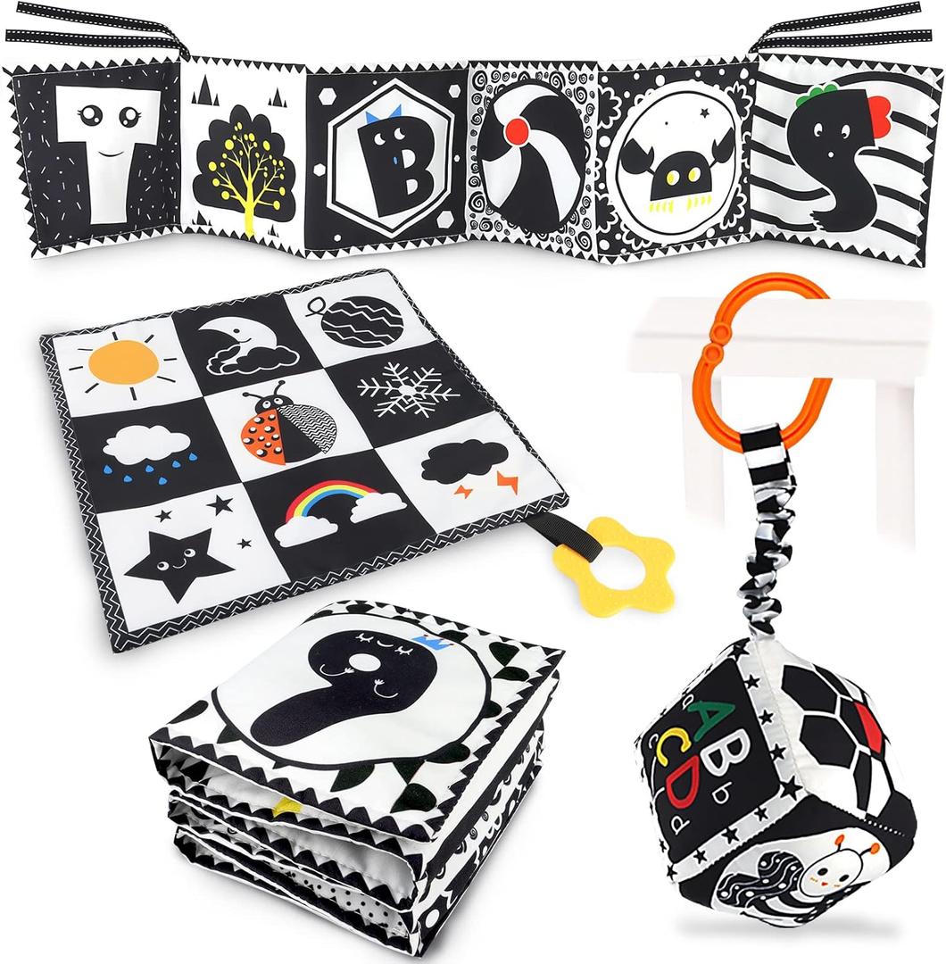 KUANGO 3 PCS Black and White High Contrast Baby Toys 0-6 Months for Newborn, Babies Sensory Soft Book for Early Education, Infant Tummy Time Toys 0 3 6 9 Months Baby Gifts