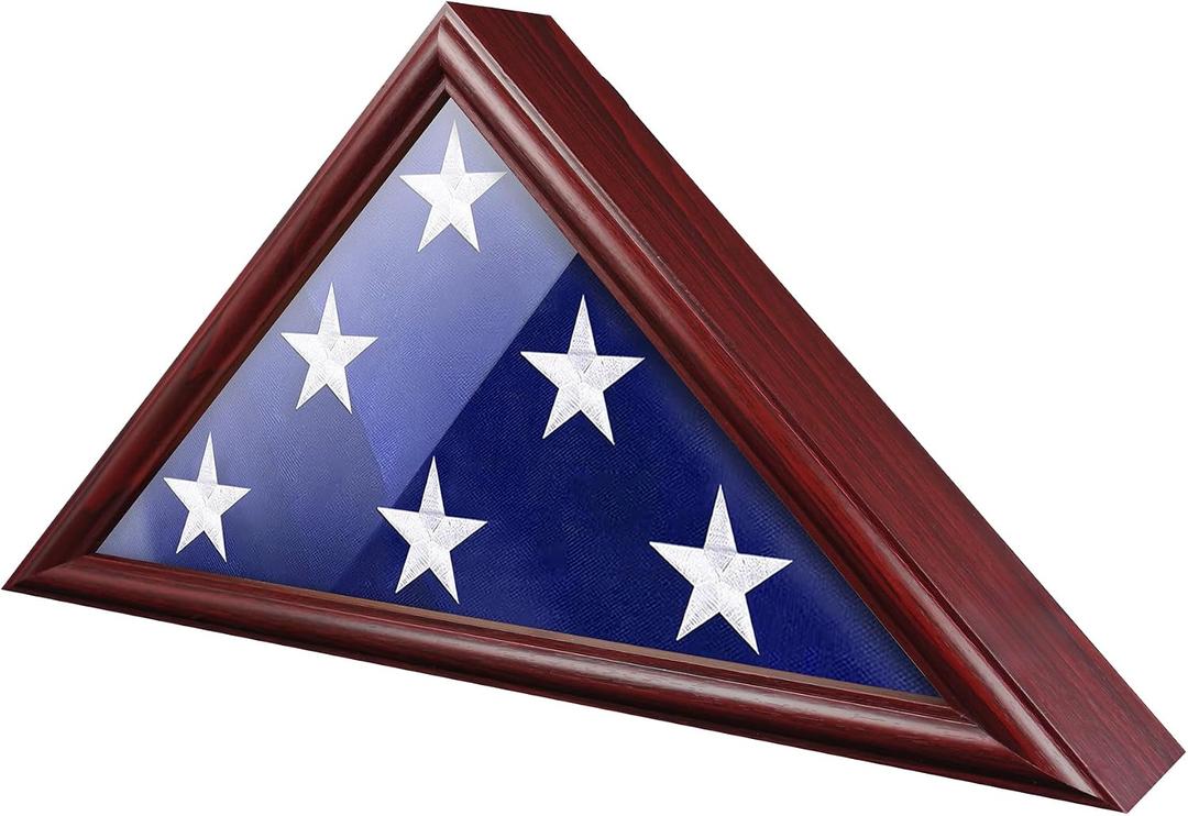 ASmileIndeep Flag Display Case - 5' x 9.5' Funeral & Military Flag Shadow Box with HD Tempered Glass and Wall Mount, Folded Triangle Flag Holder Frame for Veterans, Red