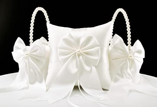 ATAILOVE 2 Flower Girl Baskets and Ring Bearer Pillow Set, Flower Girl Basket with Pearl Handle, Ivory Fariy Wedding Baskets for Flower Girls