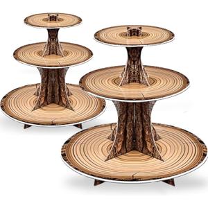 Rustic Woodland Cupcake Stand Set, 2 Pack 3-Tier Dessert Tower for Safari Birthday, Baby Shower, Camping & Woodland Party Decor