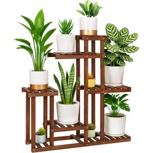 Carbonized Wood Plant Stand, 6-Tier Indoor Tiered Plant Shelves, Space-Saving Narrow Wood Plant Rack for Multiple Plants, Sturdy Flower Stand for Living Room/Balcony/Garden/Outdoor, Easy Assembly