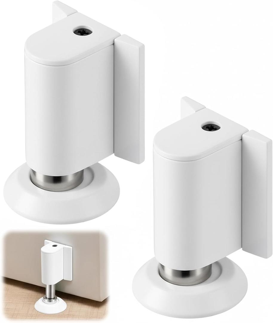 2 Pack Adjustable Magnetic Door Stoppers, Drilled Mount or No Drill Invisible Doorstops for Inside Door with Installation Screws and Adhesive Stickers, Protects Wall from Damage (White)