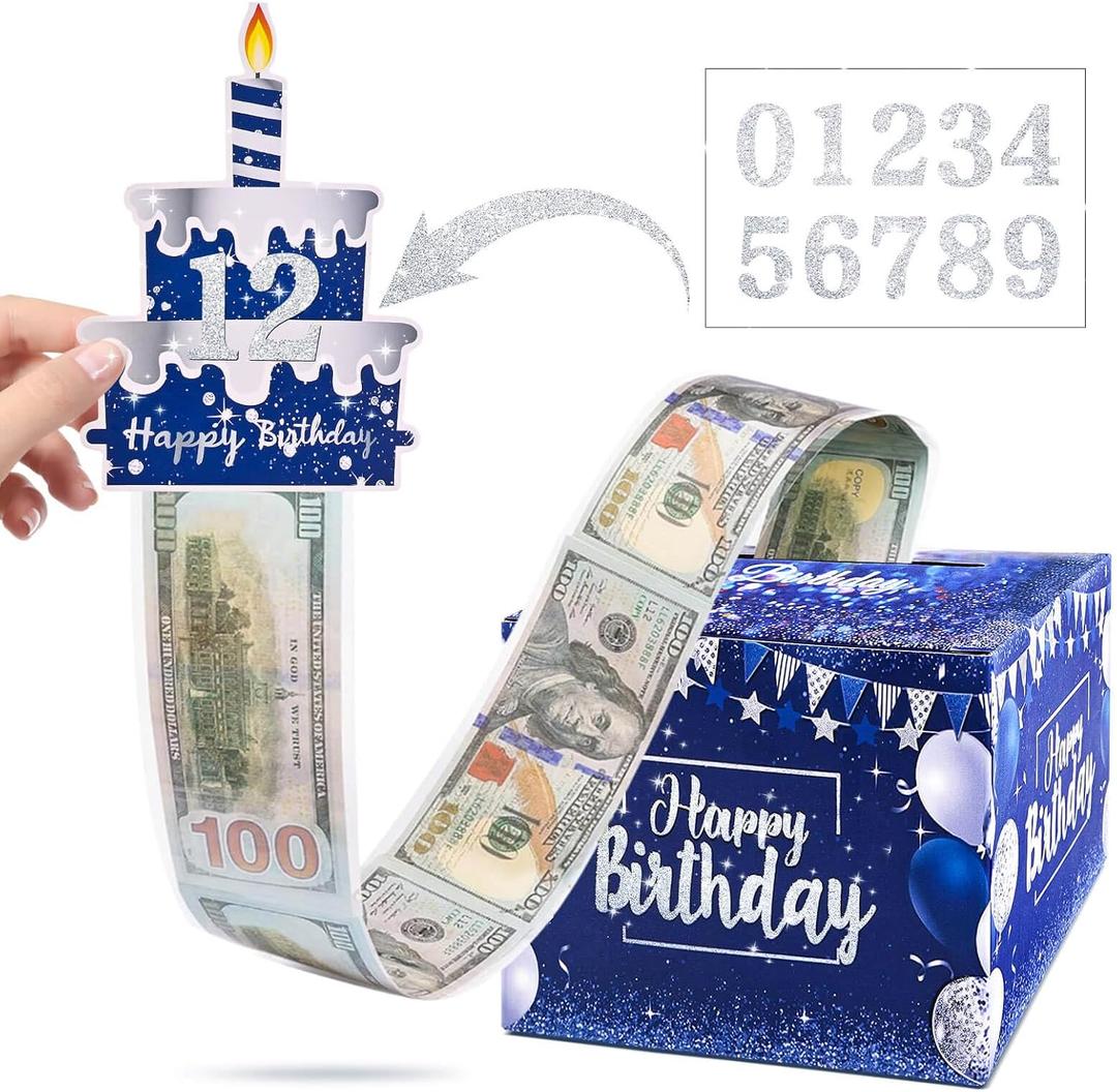 Birthday Money Pull Box for Cash Gift with DIY Self-Adhesive Stickers for Any Age, Happy Birthday Money Box for Cash Gift Pull Out Cake Card and 100Pcs Bags, Birthday Party Decor Ideas-Blue