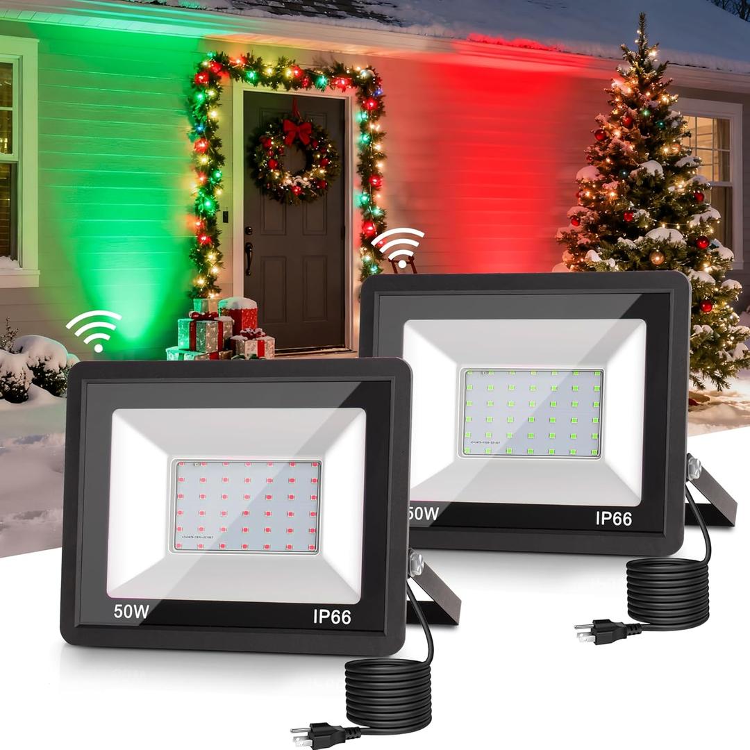 L LOHAS LED Red and Green Christmas Flood Light Outdoor,    50W Plug in Flood Light, IP66 Waterproof Christmas Decorations, 2300lm Christmas Lights for Yard, Party, UL Listed