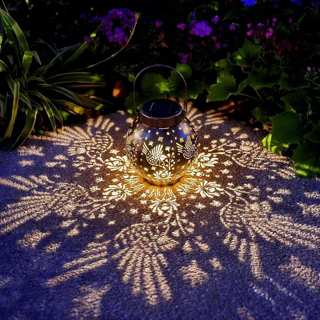 Outdoor Solar Hanging Lantern Lights Metal LED Decorative Lamp for Garden Patio Courtyard Lawn and Table with Hollowed-Out Design (Bronze Hummingbird)