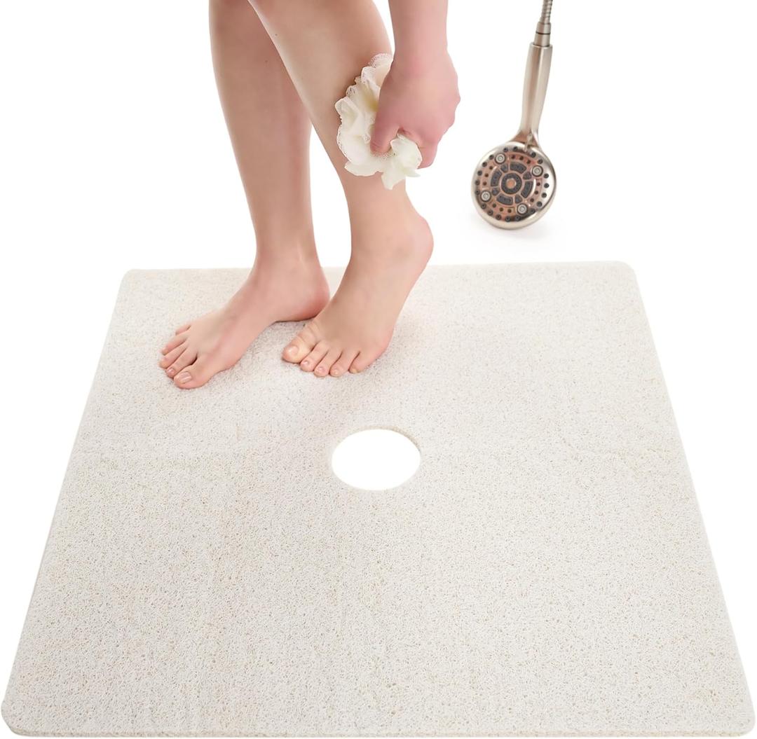 Enkosi Loofah Shower Mat with Drain Hole  Cushioned Anti-Slip Square Bath Mat for Showers, and Bathroom Floors  Textured PVC, Non Slip Safety Pad for Walk-in Stalls and Wet Areas (27x27 White)