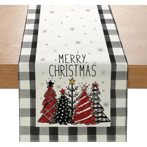 Christmas Trees Buffalo Plaid Table Runner 13x72 Inch, Merry Christmas Snowflakes Winter Kitchen Dining Table Decoration for Home Party Decor