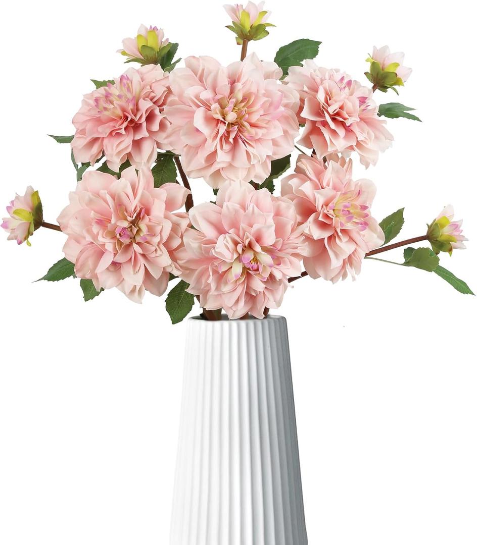 6pcs Dahlia Artificial Flowers Deep Pink Large Fake Dahlia Faux Silk Flowers with Long Stem for Wedding Bouquets Party Baby Shower Floral Arrangements Home Tables Decoration (Deep Pink) (Vase Not Included)