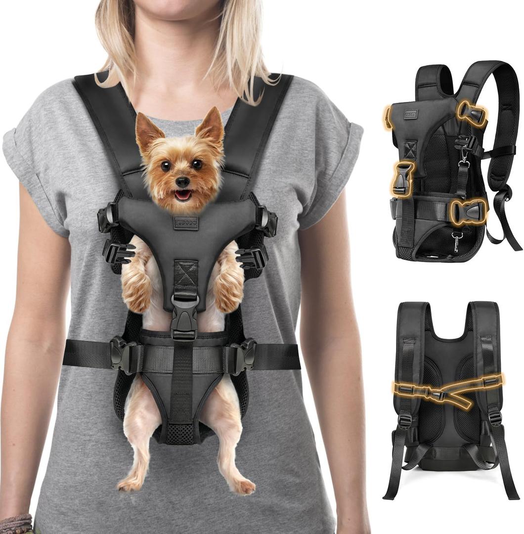 Dog Front Carrier Backpack, Legs Out Secure-Fit Pet Chest Carrier for Small Dogs (6-24 lbs), Adjustable Pet Carriers with Safety Belt, Hands Free Dog Backpack Carriers for Hiking Cycling (S, Black)