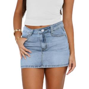 Womens Denim Skirt Casual Mini Jean Skirt Stretch Low Waist Jean Skirt for Women Zip Fly Denim Mini Skirts (Small, Light Blue)