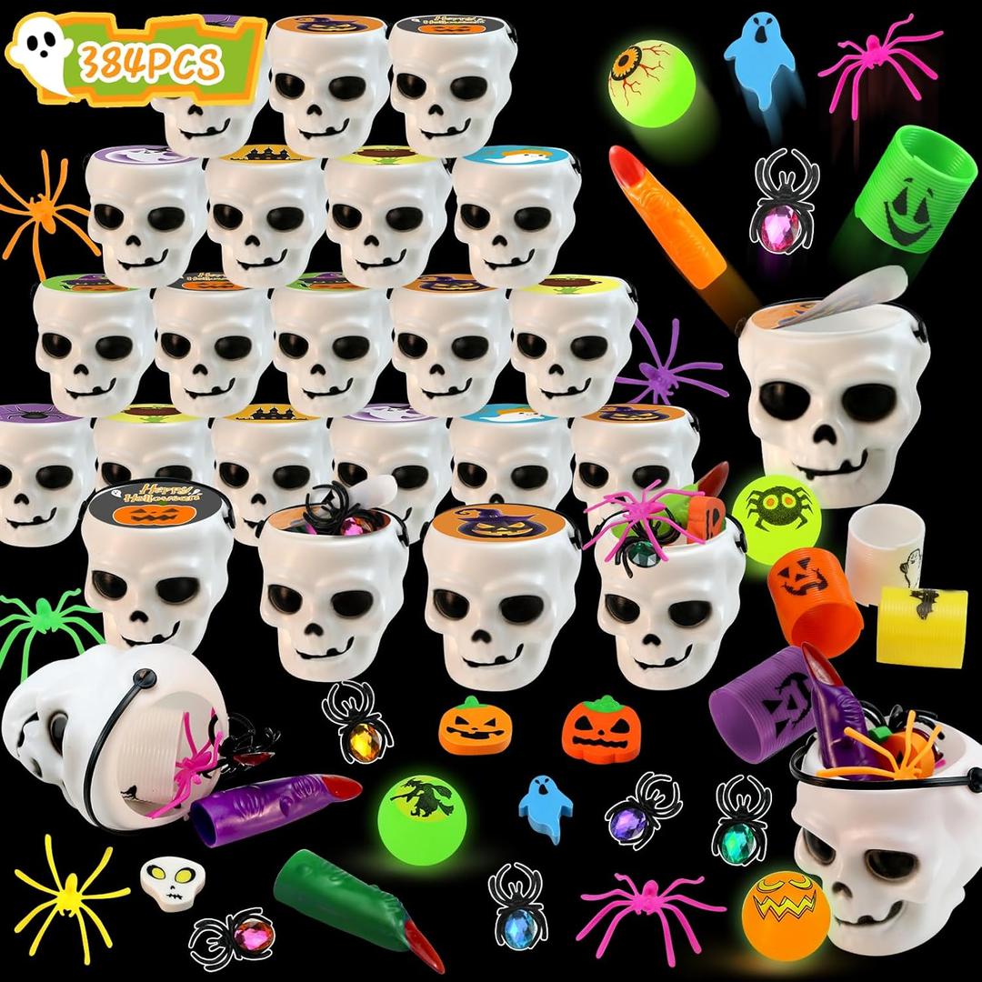 384PCS Prefilled Party Favor Bulk for Kids, 48PACK Prefilled Ghost Cauldrons With 6 Halloween Toys Inside, Goodie Bag Fillers, Prizes Gifts Miniatures for Kids, Trick or Treat