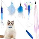 Cat Wand Toy for Indoor Cats 6PCS Fairy Feather Cat Toys with Retractable Fishing Pole Replaceable Feather Attachments Dragonfly Tassel Worm with Bells Cat String Kitten Toy Gift (Blue)