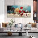 Kepgonegu Floral Wall Art Red Flowers with Teal Background Modern Abstract Artwork for Living Room Bedroom Office Home Canvas Prints 24x48 Inch