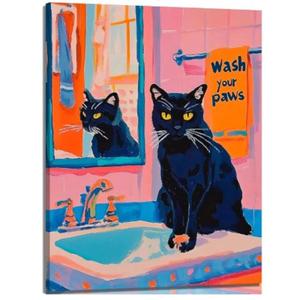 Funny Black Cat Canvas Wall Art Wash Your Little Paws Trendy Cat Painting Picture Wall Decor Colorful Cute Cat Poster Print Artwork for living room bedroom toilet bathroom Home Decoration, 24x16