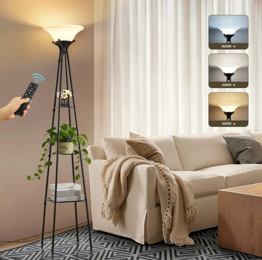 Luvkczc Upgraded Floor Lamp with 3-Tier Shelves & Remote, 69-inch Dimmable Standing Lamp with Adjustable Color Temperatures, Modern Torchiere Floor lamp for Living Room, Bedroom, Office, Black