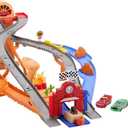 Mattel Disney and Pixar Cars Toy Playset, Lightning McQueen & Chicks Hicks & 2 Pitty Crew Vehicles, 2 Ways to Race, Race & Rescue Rescue Road Raceway